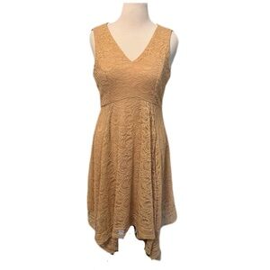 Bridesmay Formal cocktail lace dress, beige tan, sleeveless V-neck, XL midi VGUC